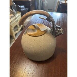 Just Teazen Stainless Steel Tea Kettle/Speckled Cream Color/Faux Wood Handle Lid